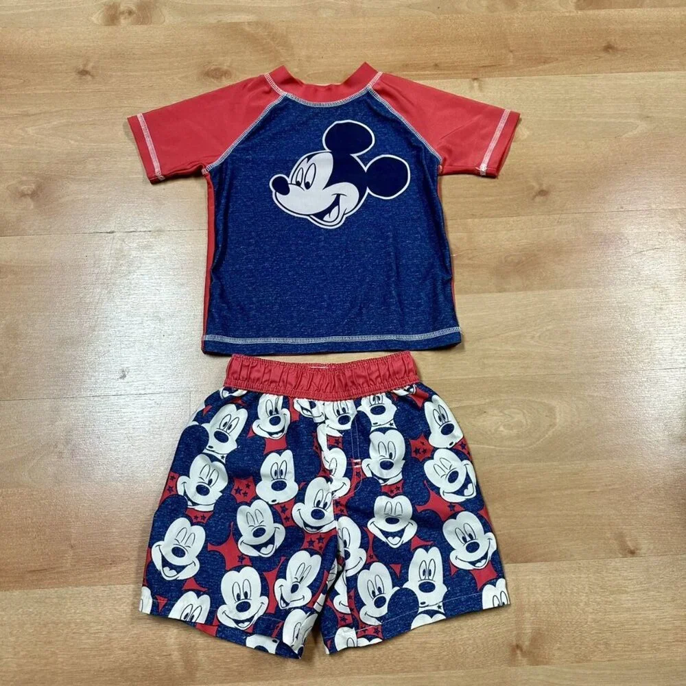 Mickey Mouse Red White & Blue Rashguard & Swim Trunks Set Size 3T